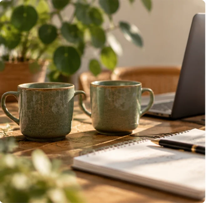 Twee koffiekoppen aan een werktafel als verbeelding van strategisch partnerschap