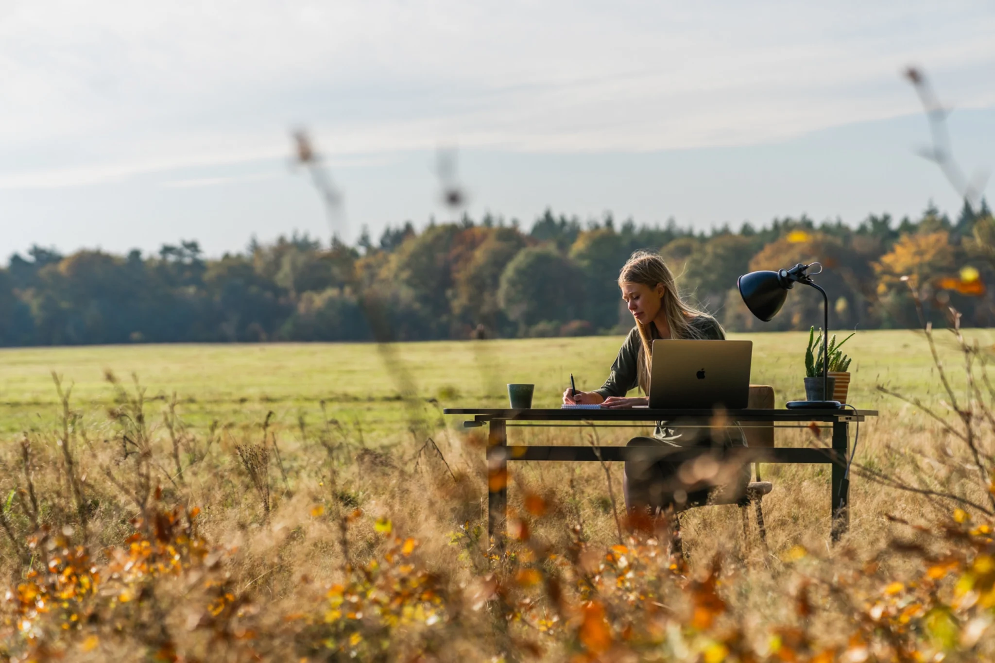 Vicki Schenkenberg van Mierop aan een bureau in een veld
